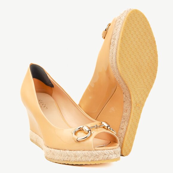 Gucci Silver Bit Peep-Toe Nude Patent Leather Wedge Espadrille - Picture 4 of 11